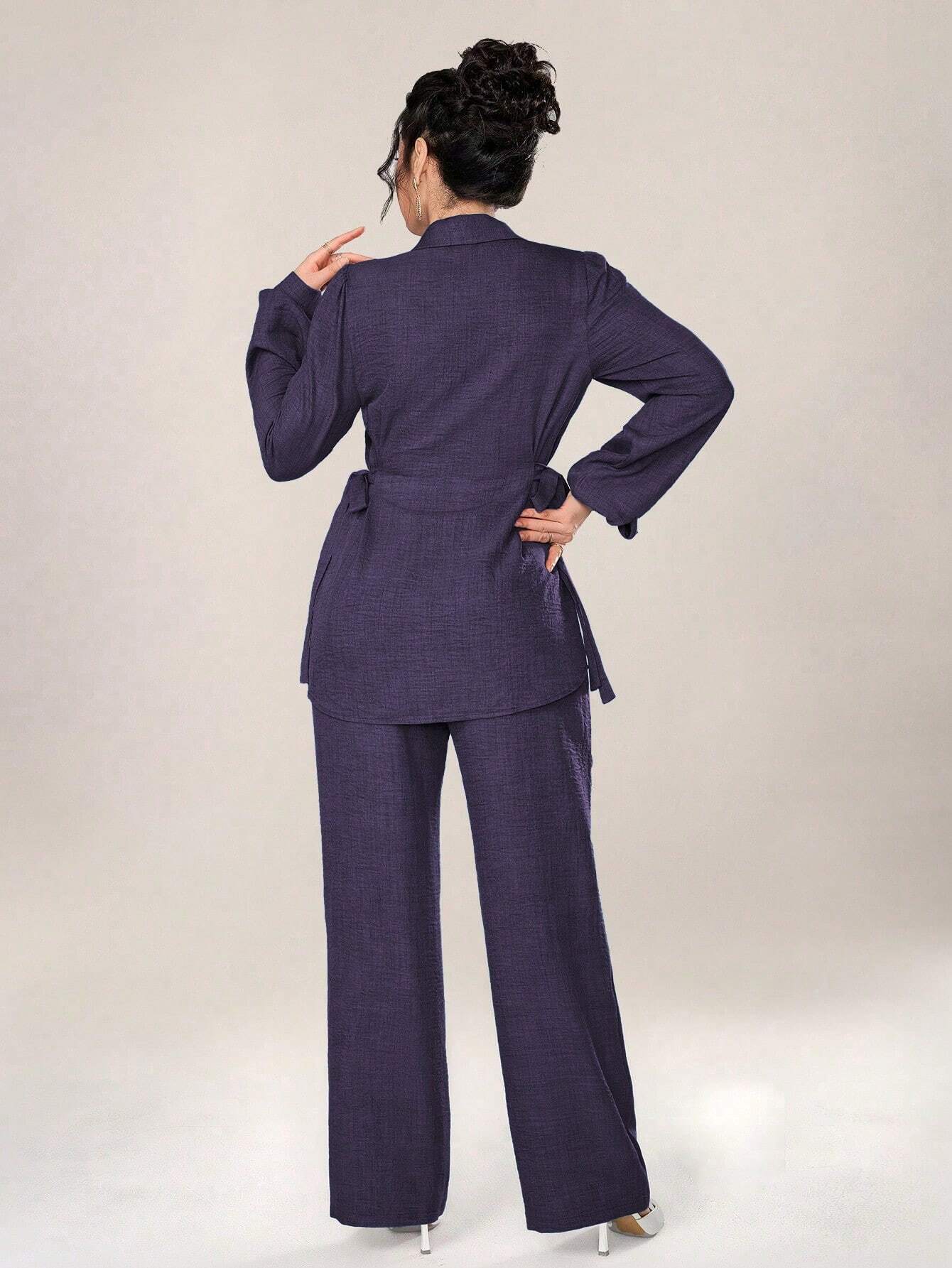 2pcs Set Front Button Long Sleeve Casual Blouse And Trousers
