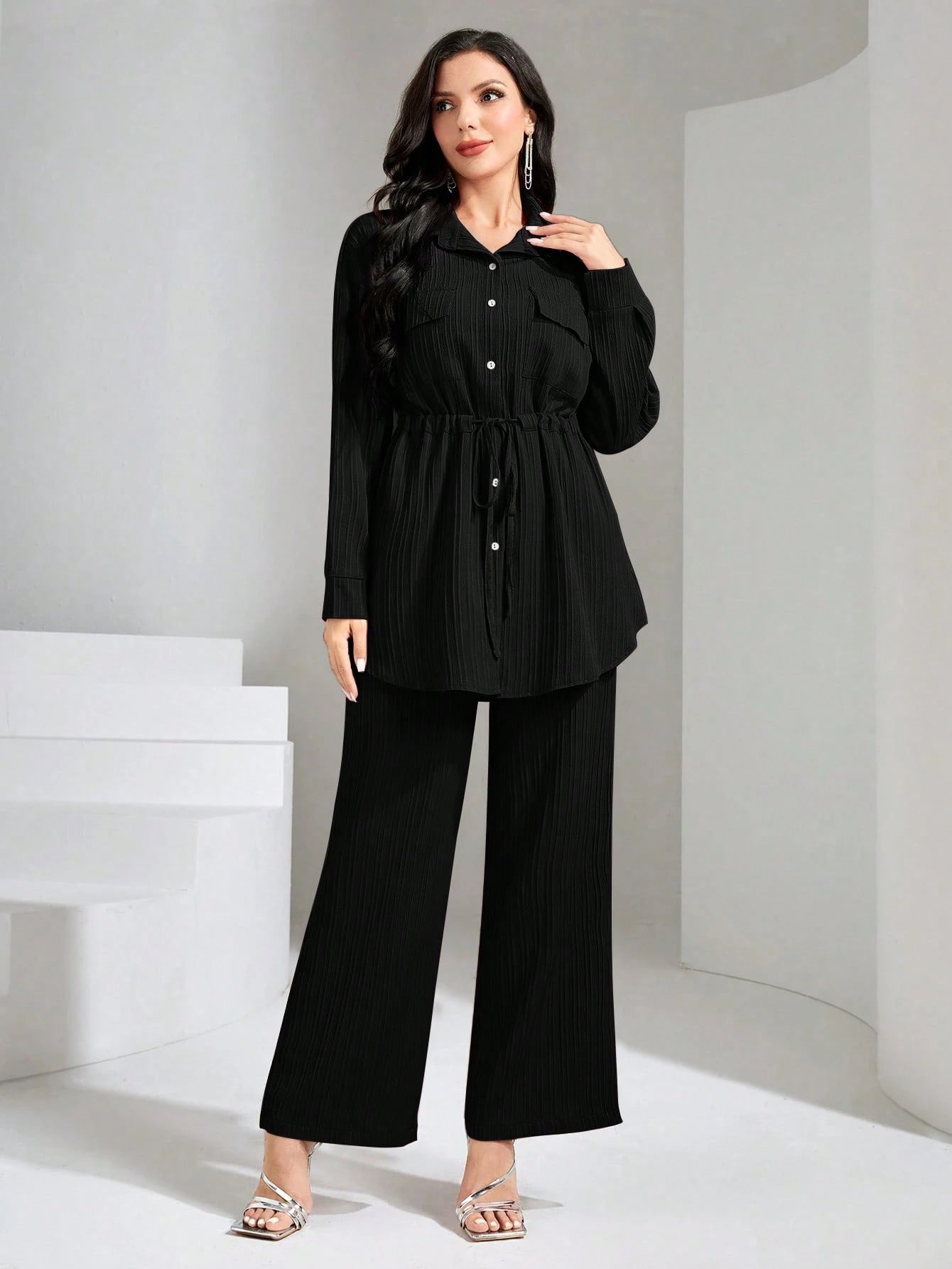 Flap Pocket Drawstring Waist Shirt & Wide Leg Pants shein