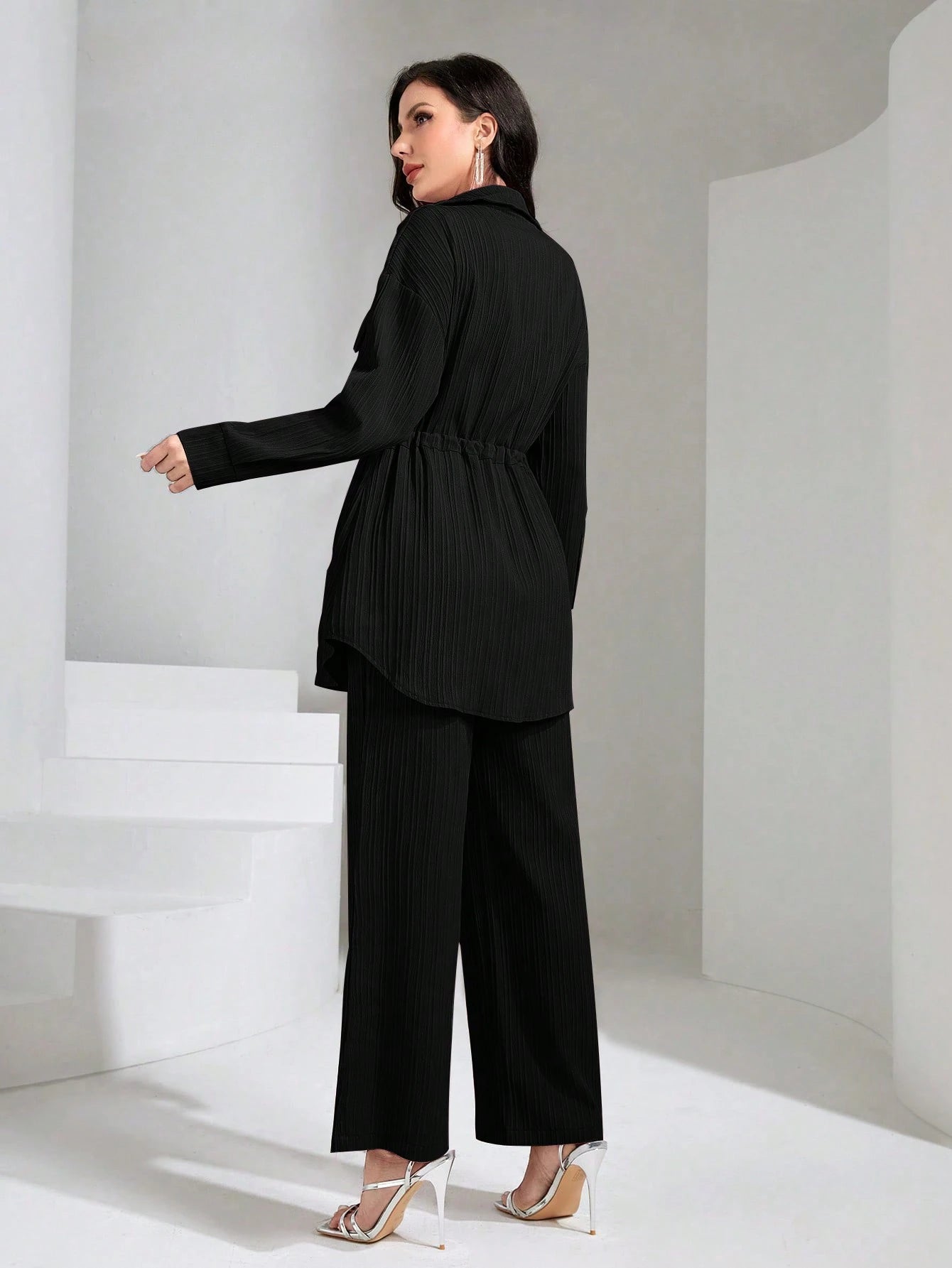 Flap Pocket Drawstring Waist Shirt & Wide Leg Pants