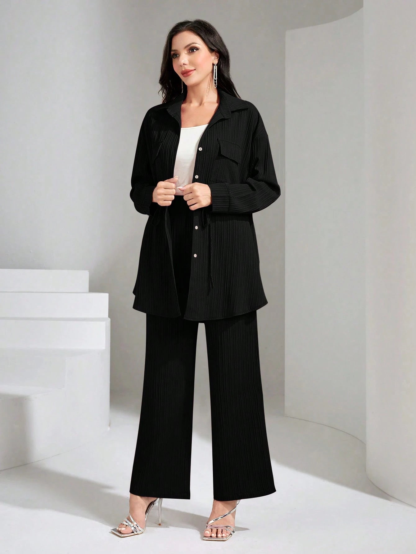 Flap Pocket Drawstring Waist Shirt & Wide Leg Pants