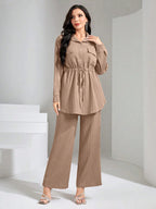 Flap Pocket Drawstring Waist Shirt & Wide Leg Pants