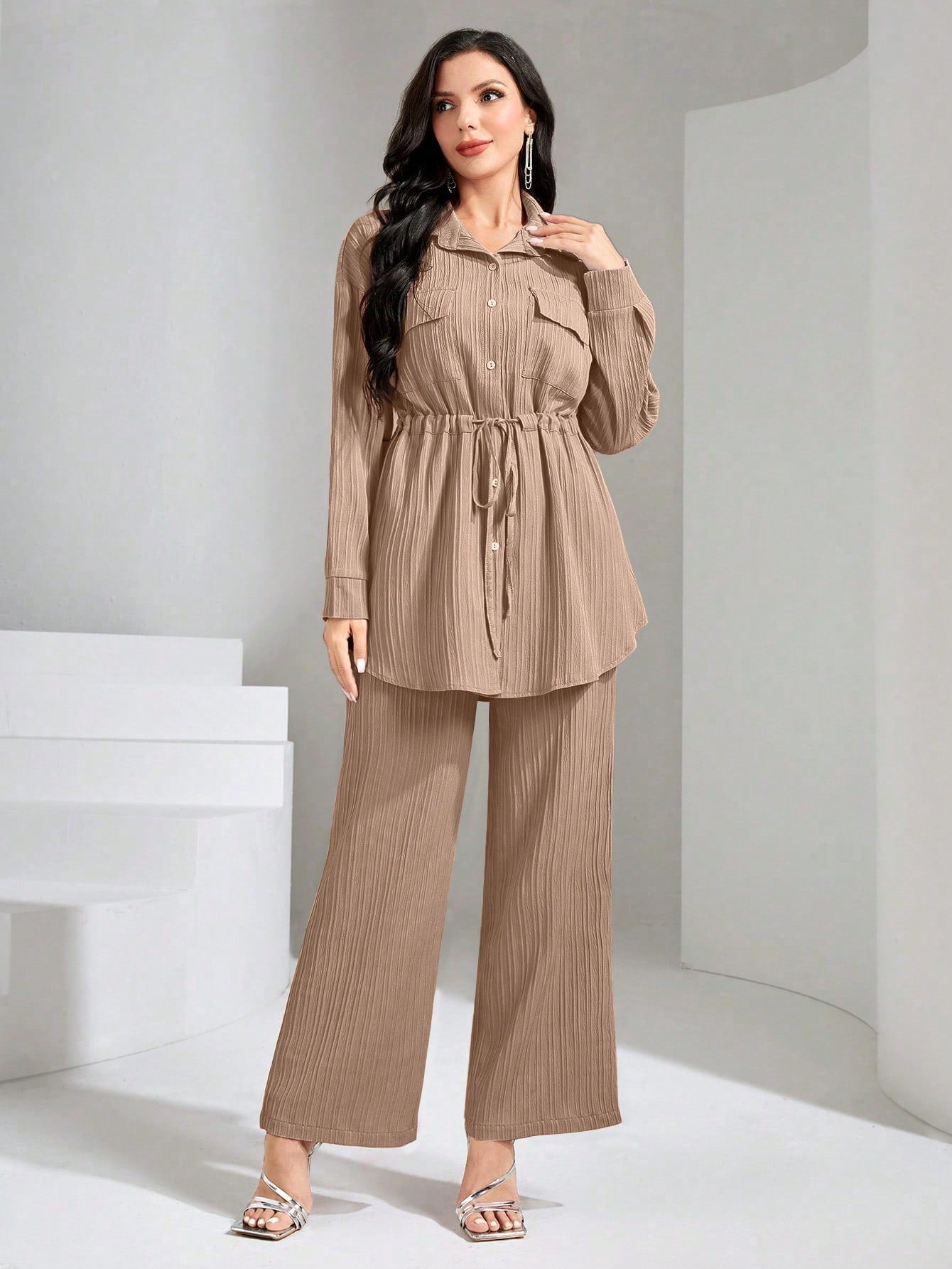 Flap Pocket Drawstring Waist Shirt & Wide Leg Pants