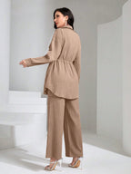 Flap Pocket Drawstring Waist Shirt & Wide Leg Pants
