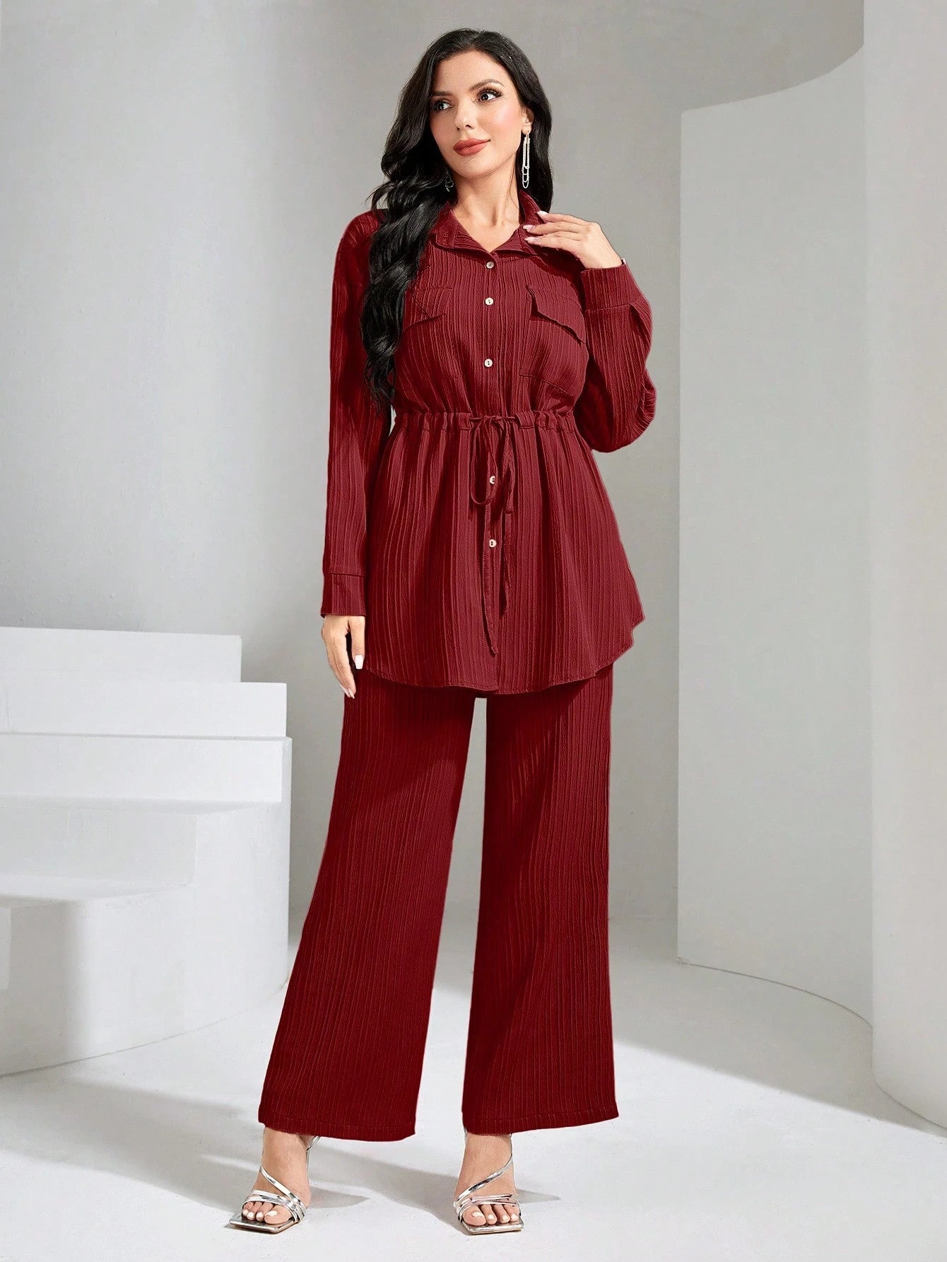 Flap Pocket Drawstring Waist Shirt & Wide Leg Pants shein