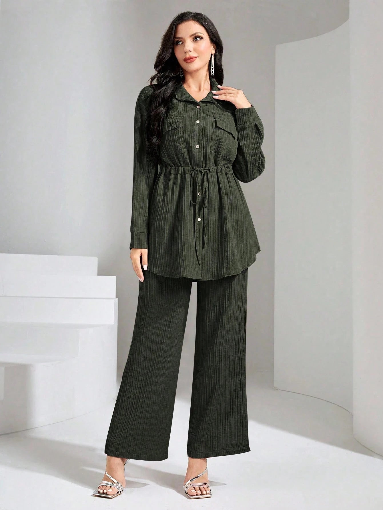 Flap Pocket Drawstring Waist Shirt & Wide Leg Pants shein