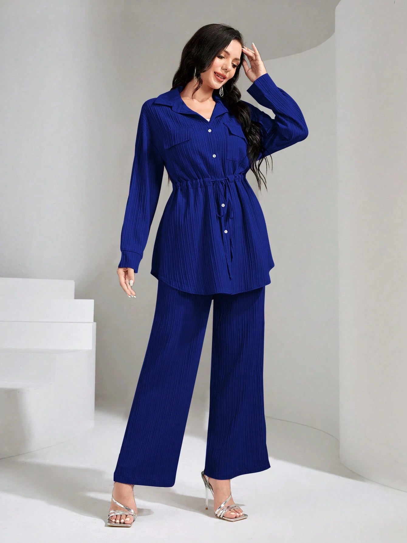 Flap Pocket Drawstring Waist Shirt & Wide Leg Pants shein