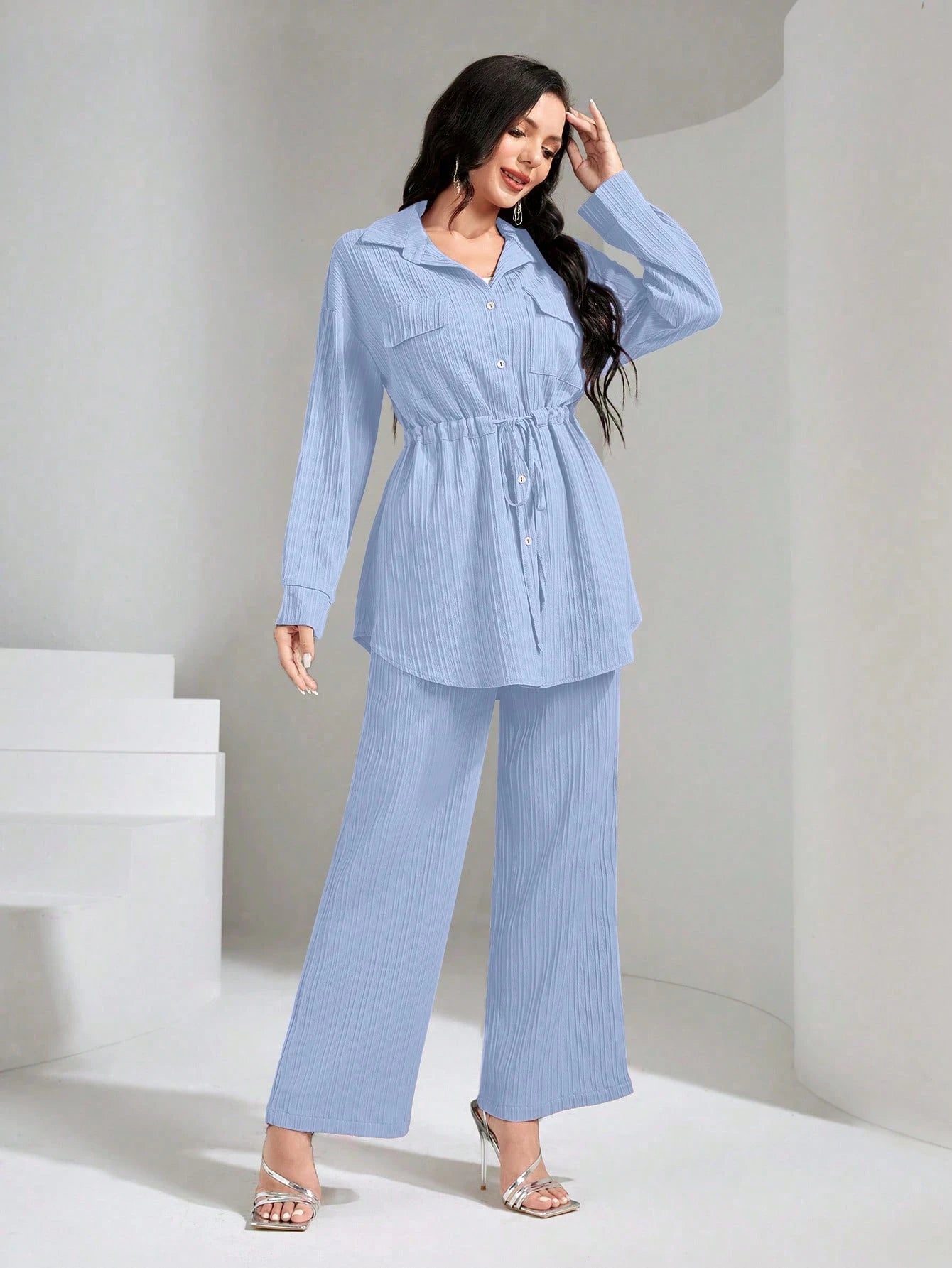 Flap Pocket Drawstring Waist Shirt & Wide Leg Pants shein