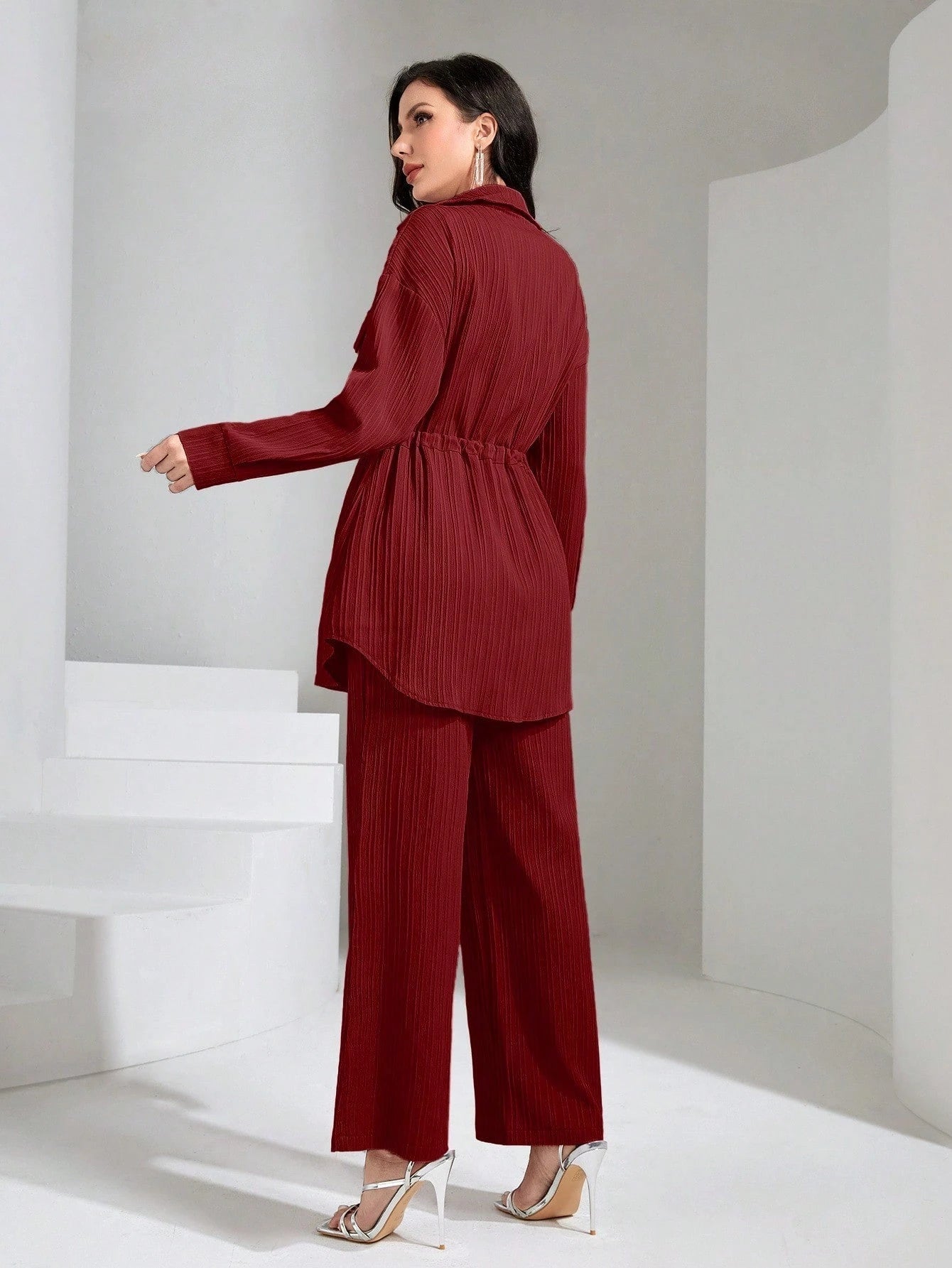 Flap Pocket Drawstring Waist Shirt & Wide Leg Pants