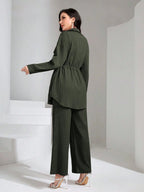 Flap Pocket Drawstring Waist Shirt & Wide Leg Pants