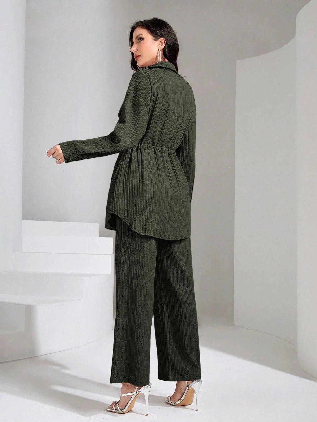Flap Pocket Drawstring Waist Shirt & Wide Leg Pants
