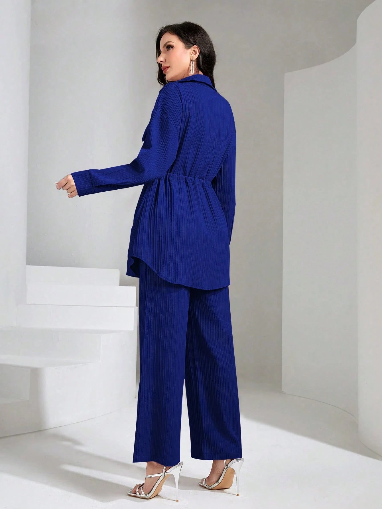 Flap Pocket Drawstring Waist Shirt & Wide Leg Pants