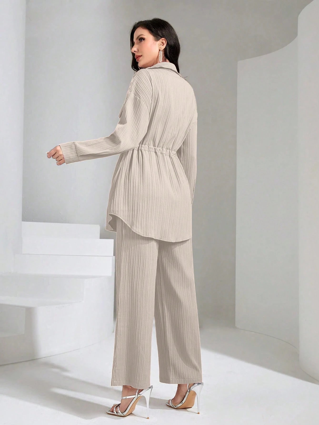 Flap Pocket Drawstring Waist Shirt & Wide Leg Pants