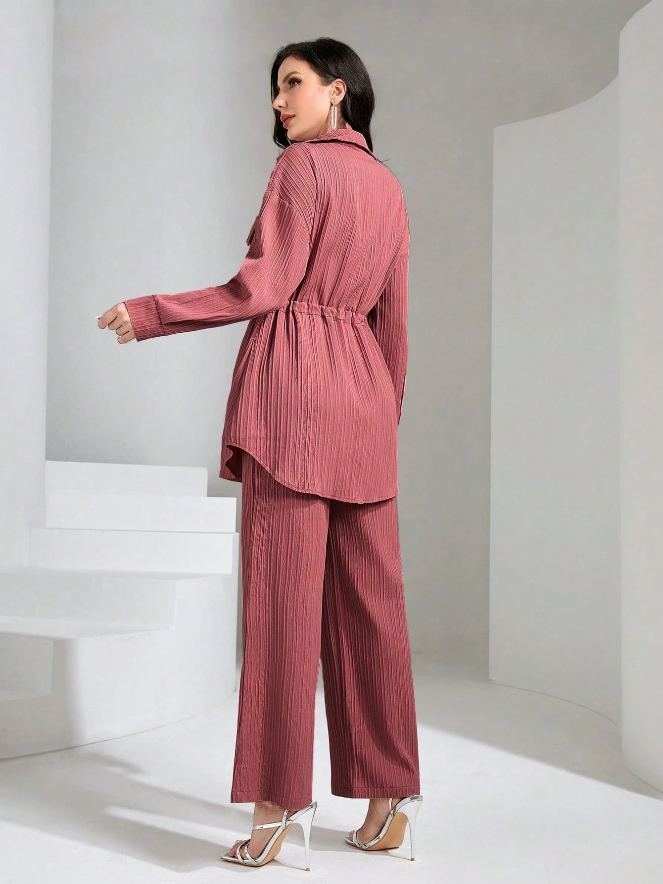 Flap Pocket Drawstring Waist Shirt & Wide Leg Pants