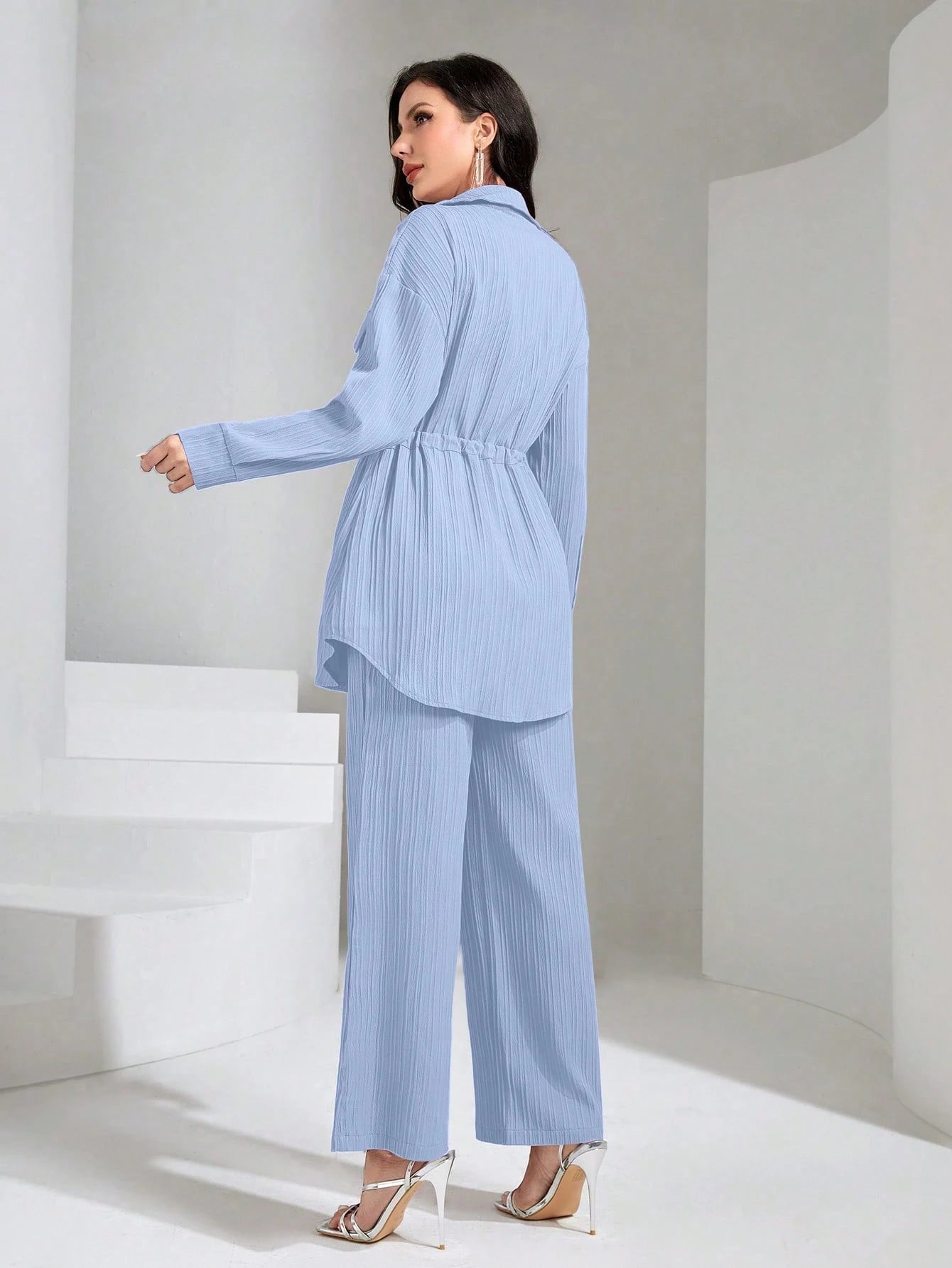 Flap Pocket Drawstring Waist Shirt & Wide Leg Pants