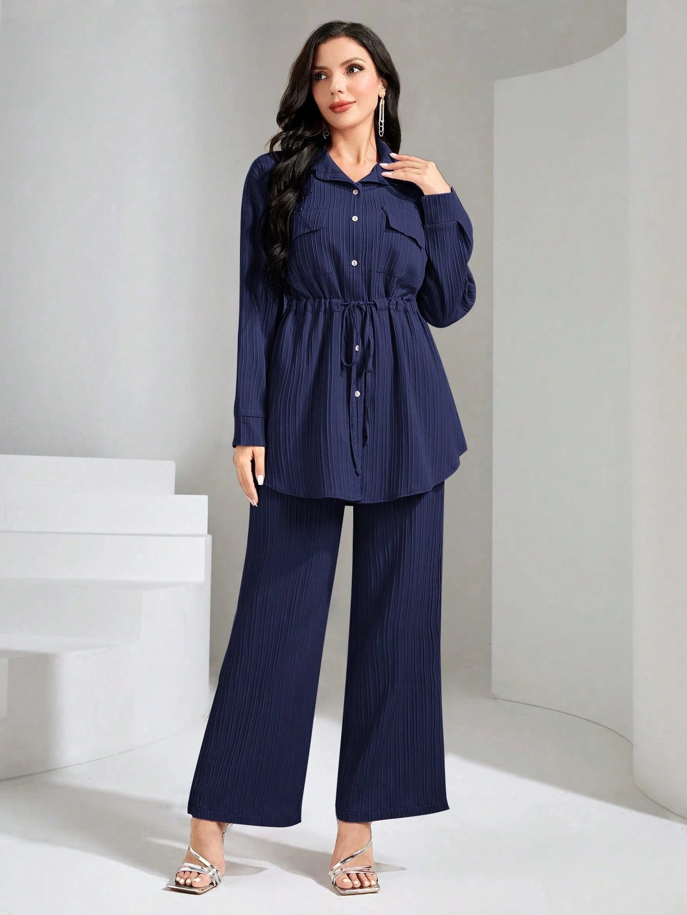 Flap Pocket Drawstring Waist Shirt & Wide Leg Pants shein