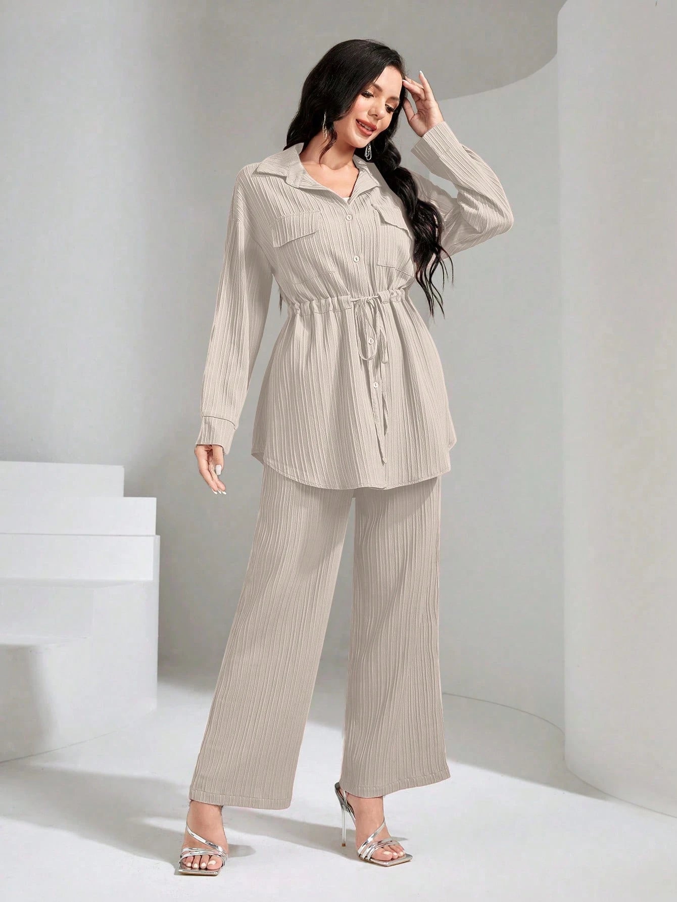 Flap Pocket Drawstring Waist Shirt & Wide Leg Pants shein