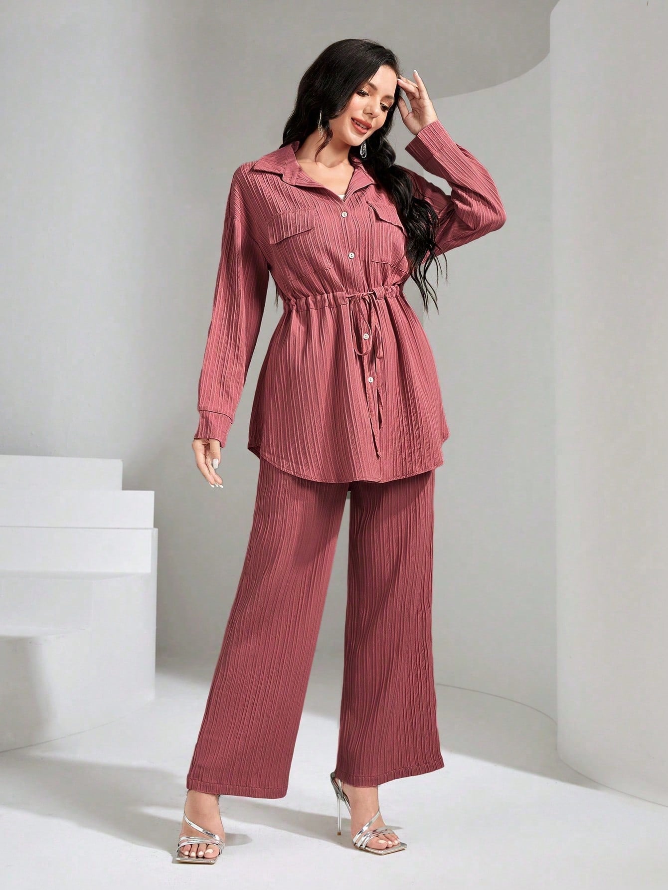 Flap Pocket Drawstring Waist Shirt & Wide Leg Pants shein