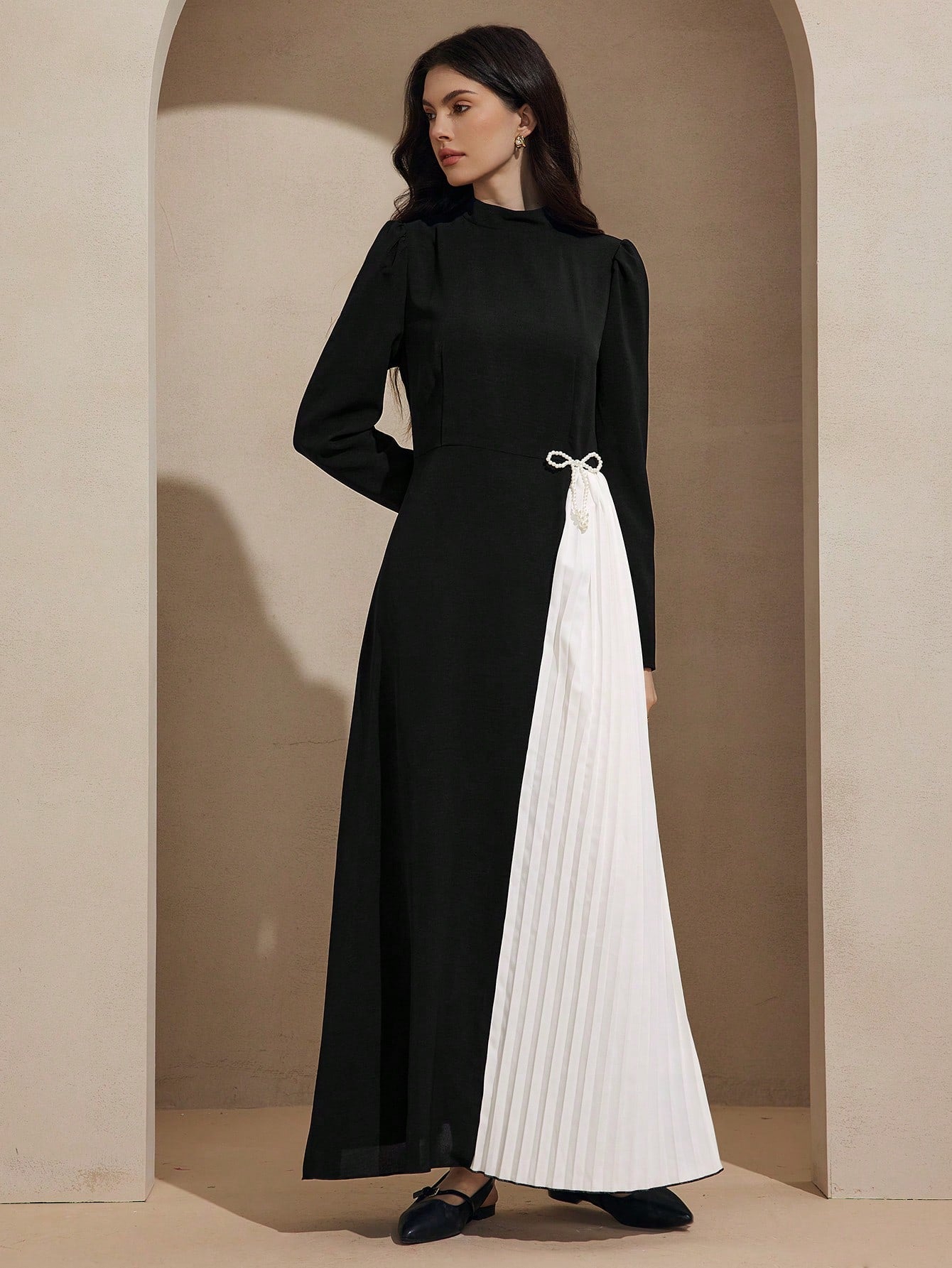 Graceveil Stand Collar Contrast Color Pleated Decor Waist Cinched Dress shein