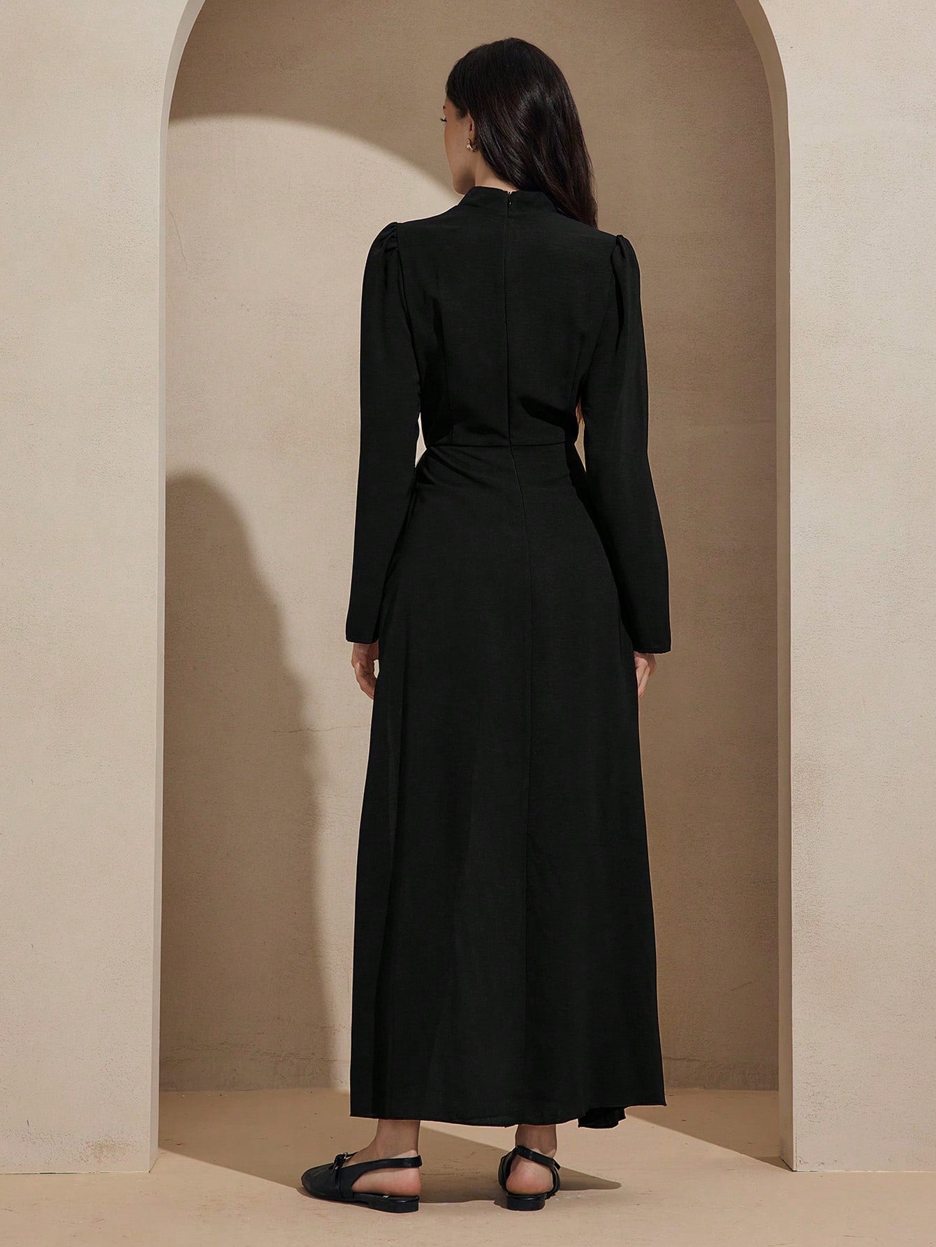 Graceveil Stand Collar Contrast Color Pleated Decor Waist Cinched Dress shein