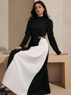 Graceveil Stand Collar Contrast Color Pleated Decor Waist Cinched Dress shein