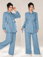 2pcs Set Front Button Long Sleeve Casual Blouse And Trousers