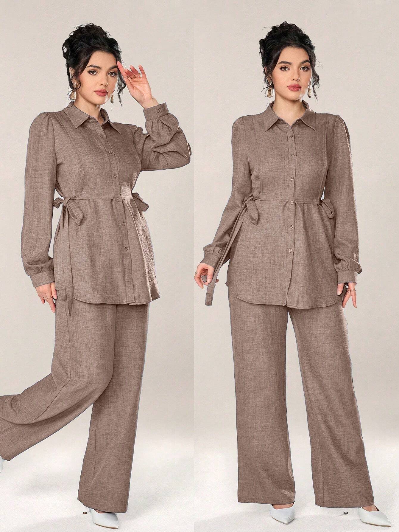 2pcs Set Front Button Long Sleeve Casual Blouse And Trousers shein