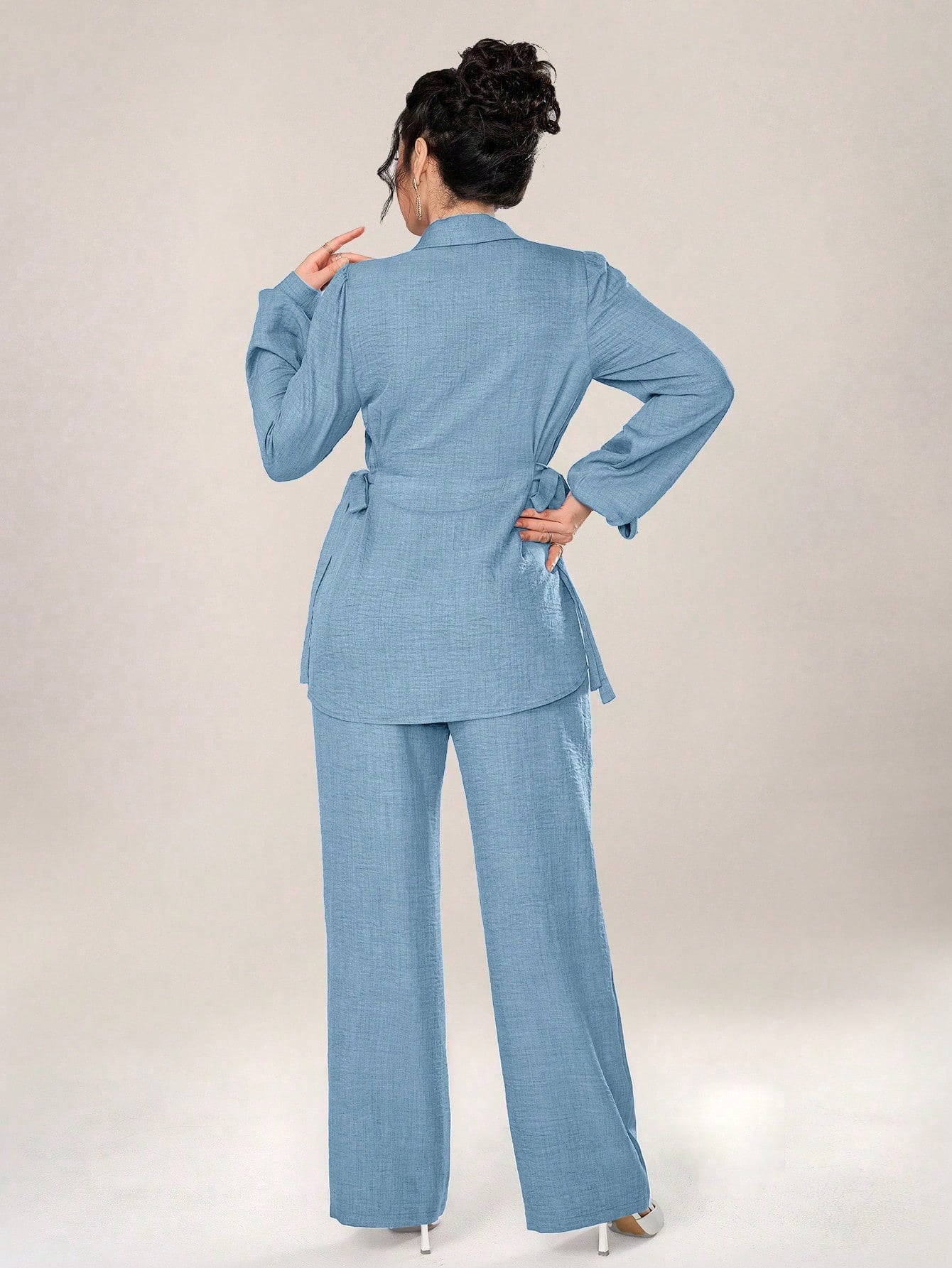 2pcs Set Front Button Long Sleeve Casual Blouse And Trousers