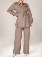 2pcs Set Front Button Long Sleeve Casual Blouse And Trousers