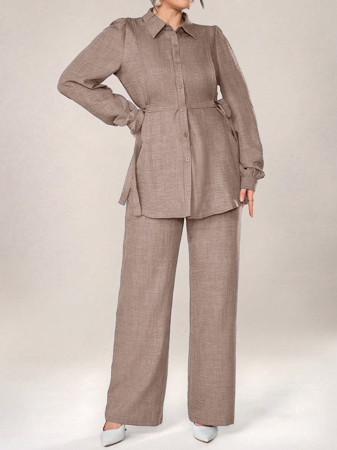 2pcs Set Front Button Long Sleeve Casual Blouse And Trousers