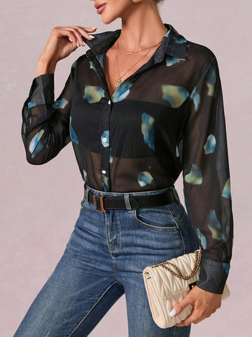 Graphic Print Button Front Shirt Without Bra shein