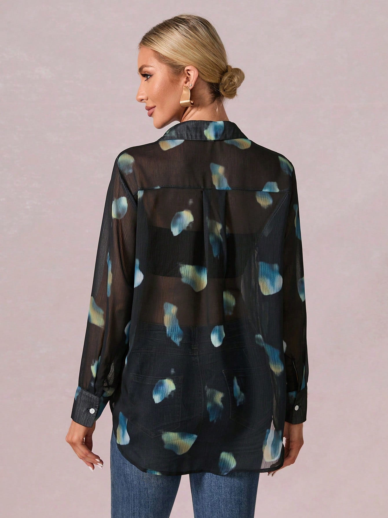 Graphic Print Button Front Shirt Without Bra shein