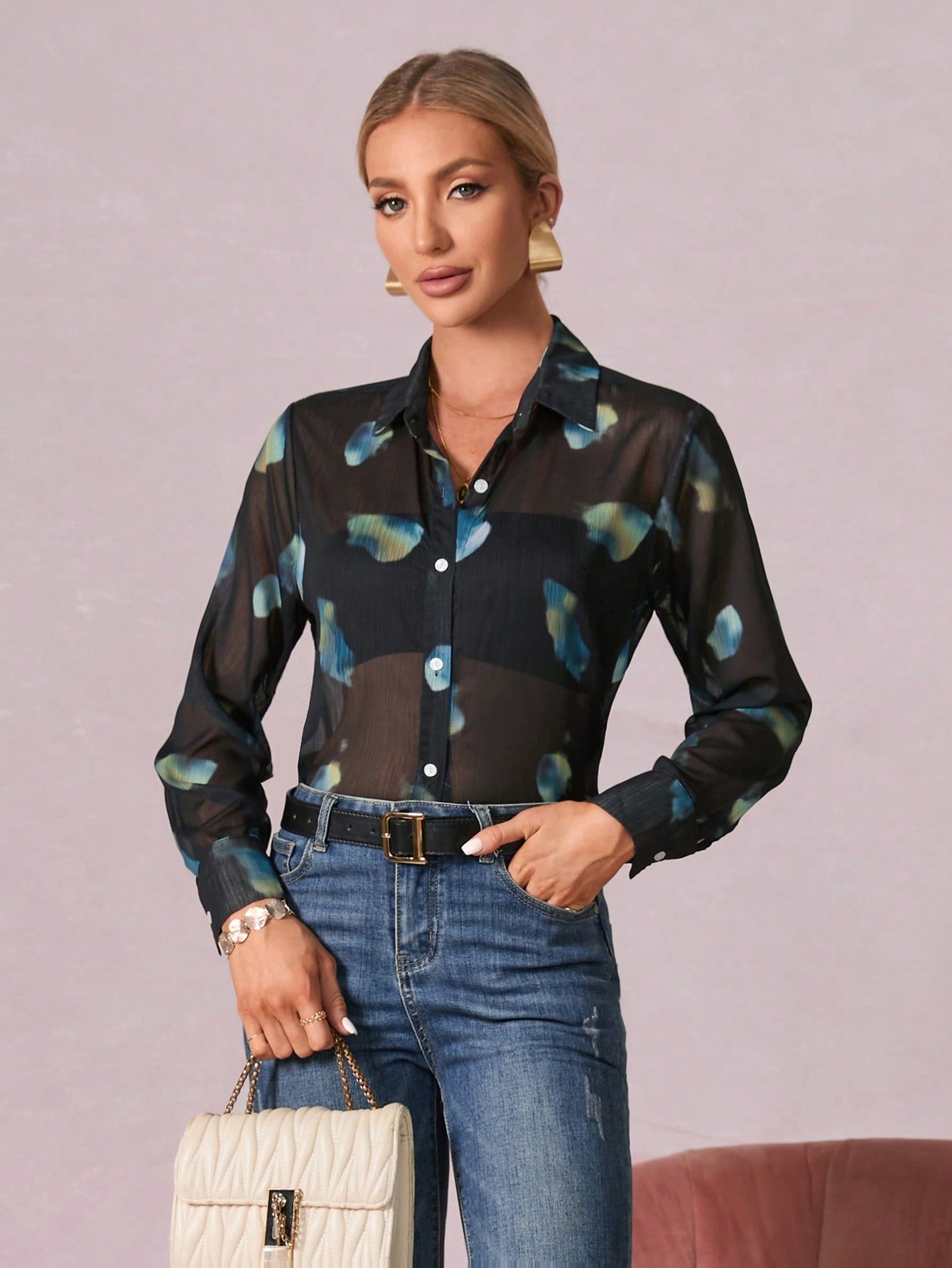 Graphic Print Button Front Shirt Without Bra shein