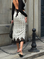 Vintage Satin Polka Dot Contrast Lace Versatile Women Skirt shein