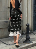 Vintage Satin Polka Dot Contrast Lace Versatile Women Skirt shein