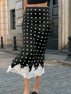 Vintage Satin Polka Dot Contrast Lace Versatile Women Skirt shein