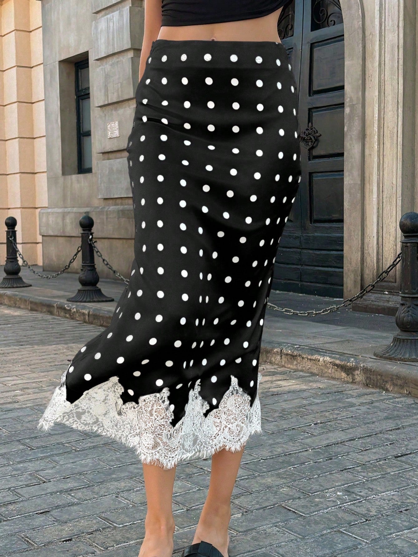 Vintage Satin Polka Dot Contrast Lace Versatile Women Skirt shein