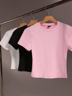 EMERY ROSE 4pcs Women Solid Color Crop Fitted Crew Neck Short Sleeve T-Shirts shein