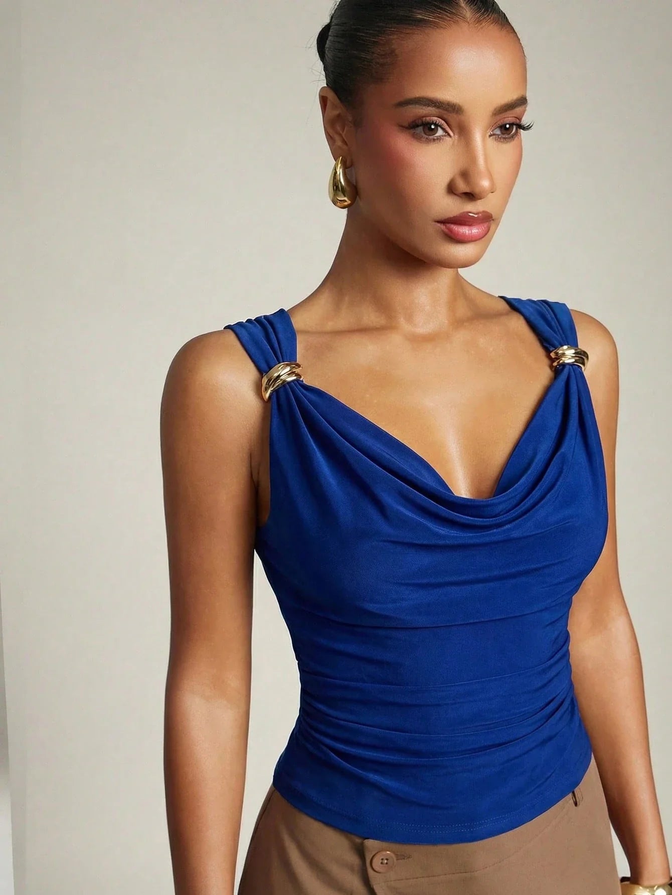 Women's Basic Casual Office Ruched Shoulder With Gold Decor Cowl Neck Top shein