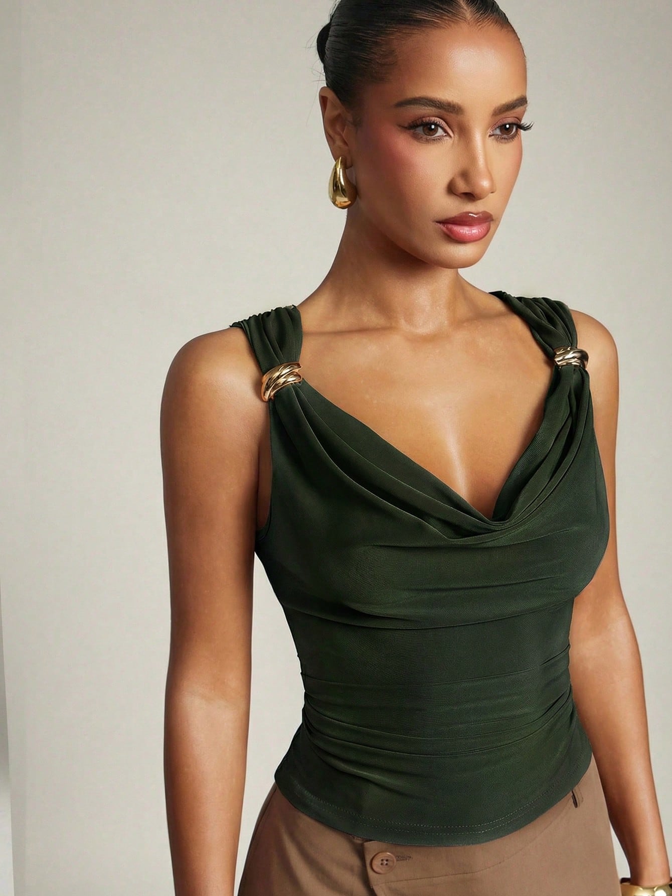 Women's Basic Casual Office Ruched Shoulder With Gold Decor Cowl Neck Top shein