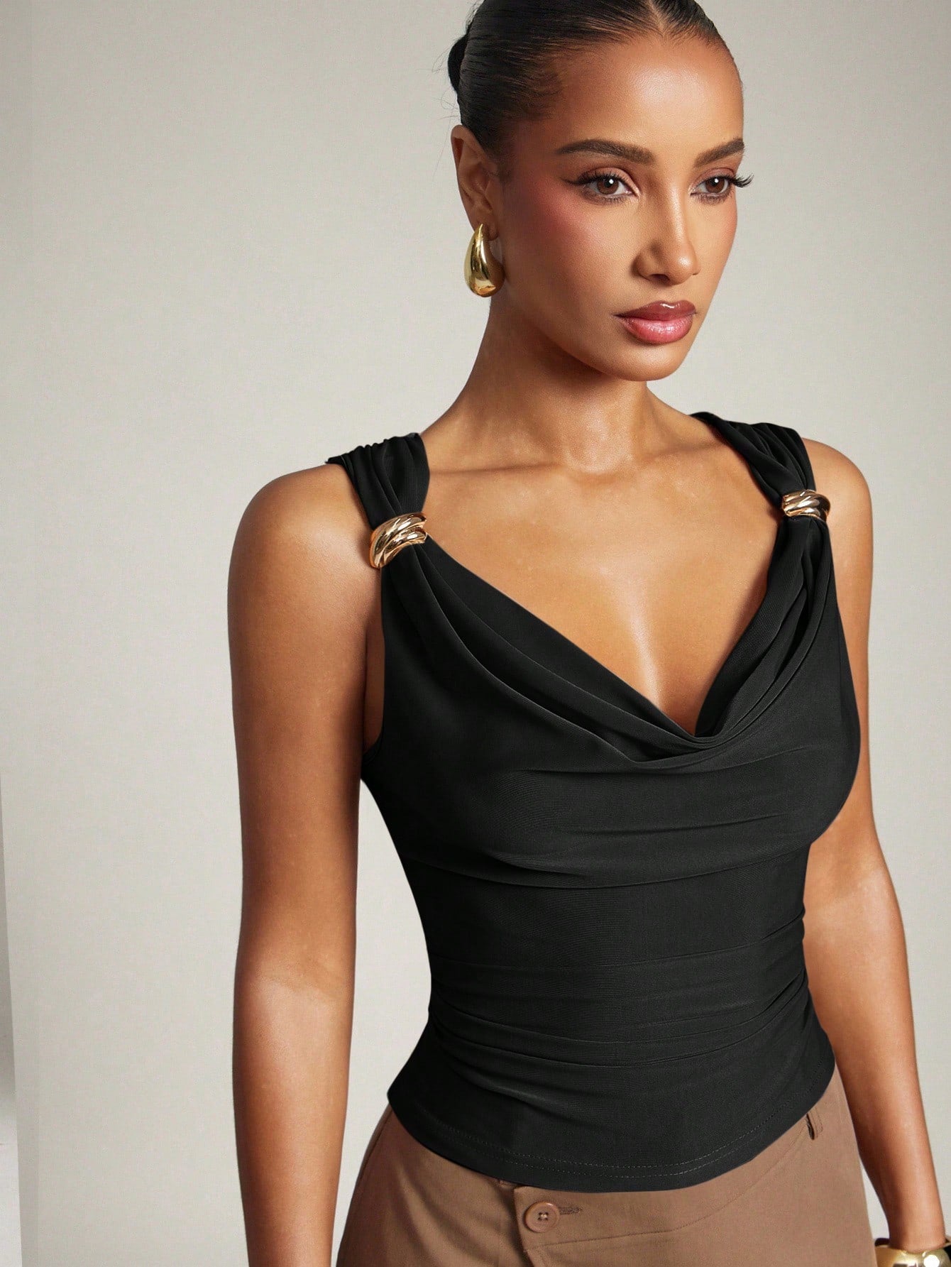 Women's Basic Casual Office Ruched Shoulder With Gold Decor Cowl Neck Top shein