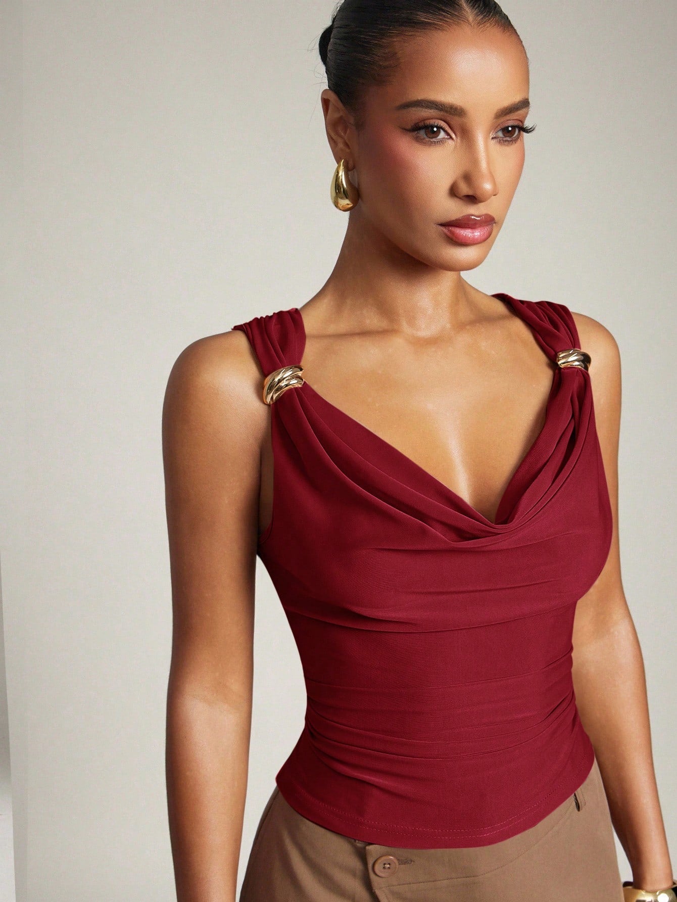 Women's Basic Casual Office Ruched Shoulder With Gold Decor Cowl Neck Top shein