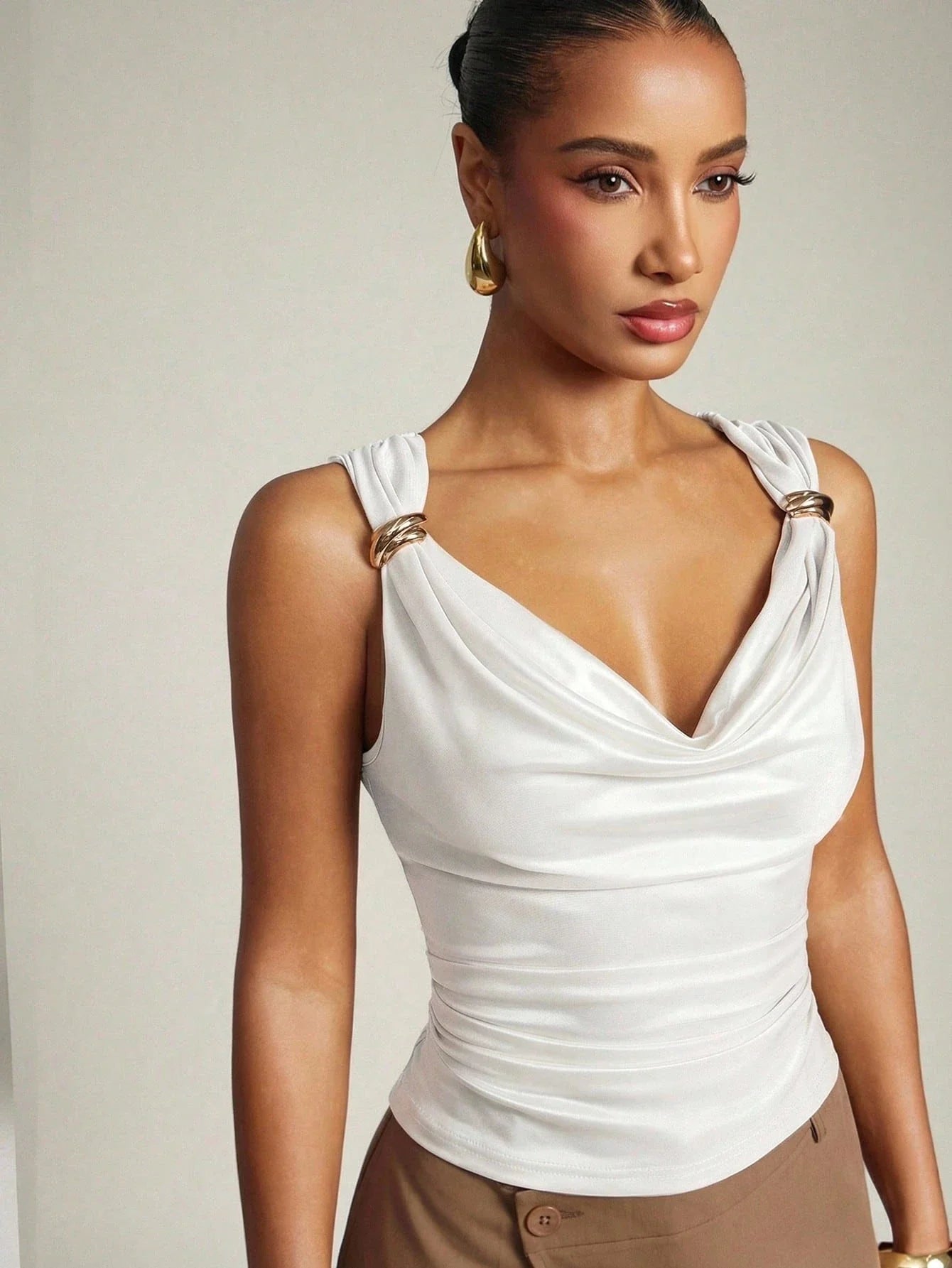 Women's Basic Casual Office Ruched Shoulder With Gold Decor Cowl Neck Top shein