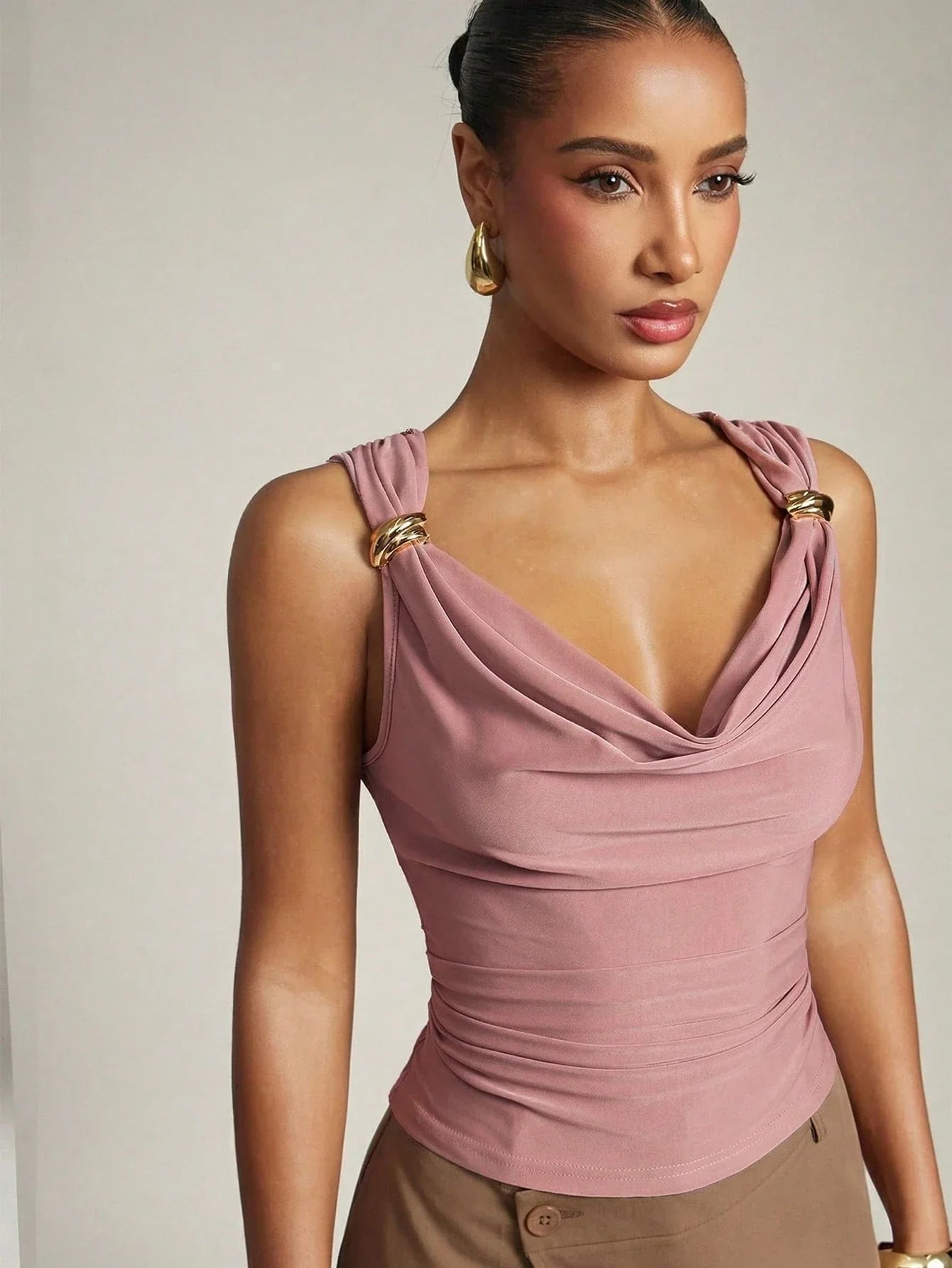 Women's Basic Casual Office Ruched Shoulder With Gold Decor Cowl Neck Top shein