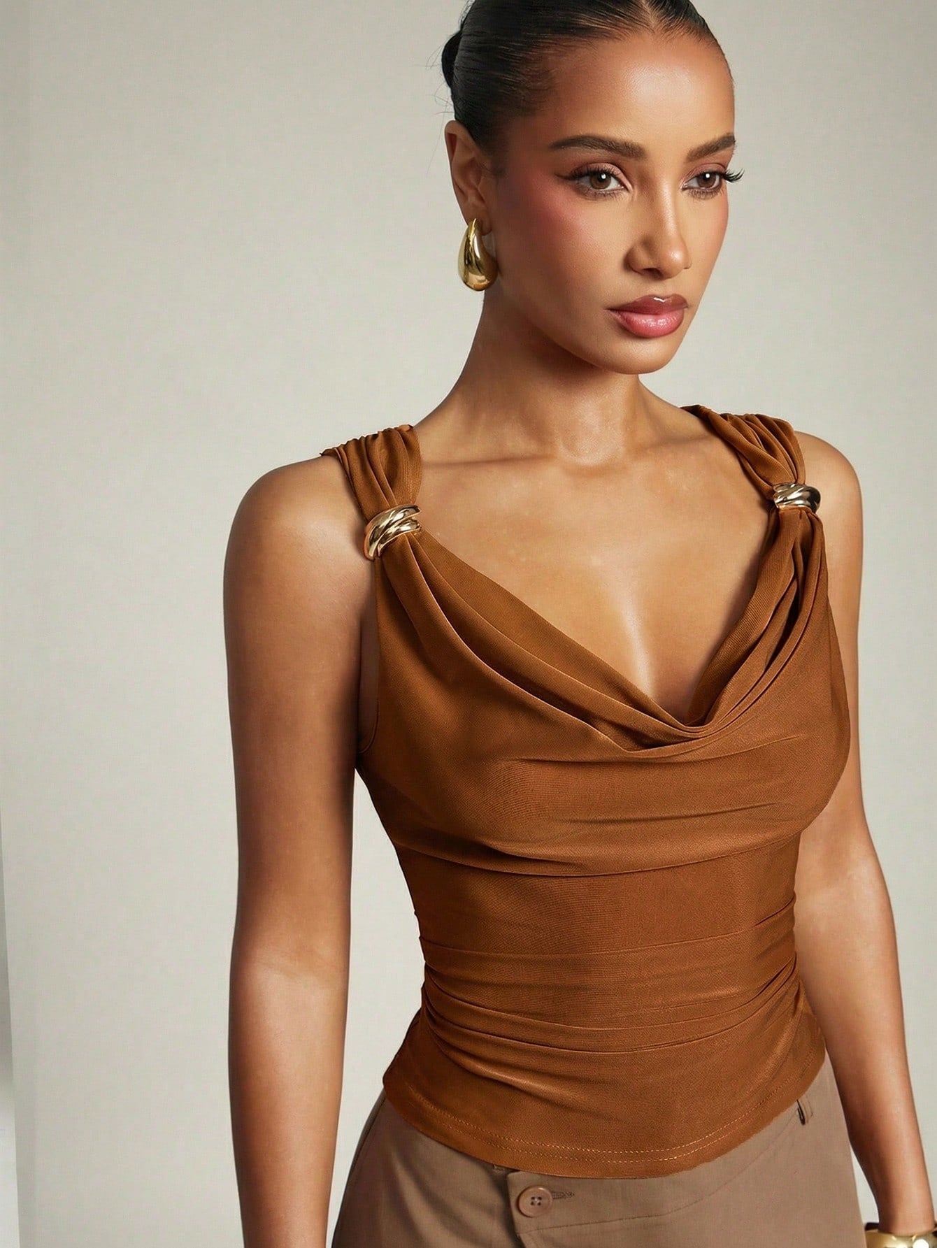 Women's Basic Casual Office Ruched Shoulder With Gold Decor Cowl Neck Top shein