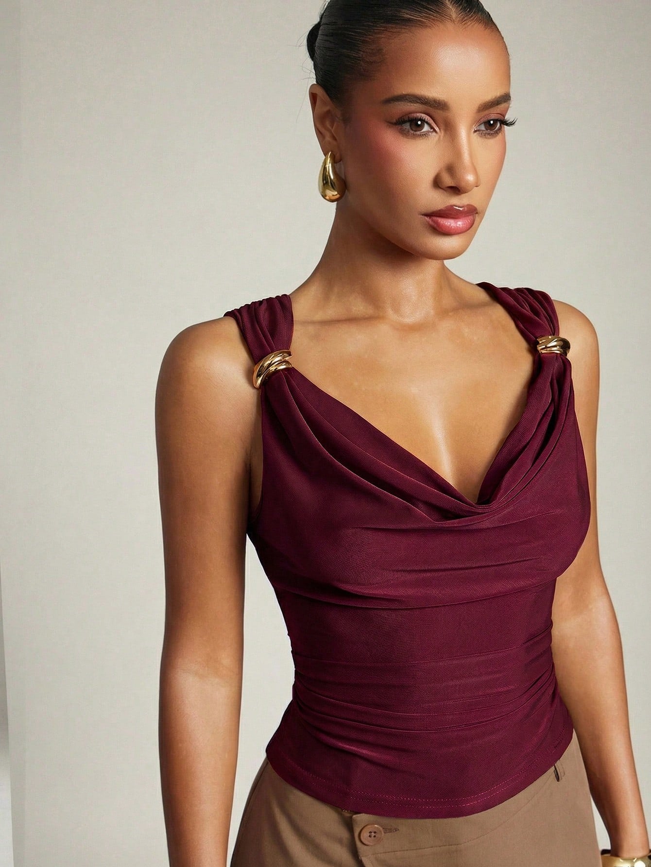 Women's Basic Casual Office Ruched Shoulder With Gold Decor Cowl Neck Top shein
