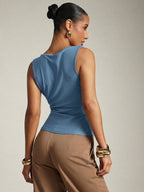 Women's Basic Casual Office Ruched Shoulder With Gold Decor Cowl Neck Top shein