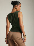 Women's Basic Casual Office Ruched Shoulder With Gold Decor Cowl Neck Top shein