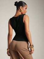 Women's Basic Casual Office Ruched Shoulder With Gold Decor Cowl Neck Top shein