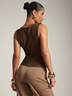 Women's Basic Casual Office Ruched Shoulder With Gold Decor Cowl Neck Top shein