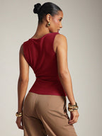 Women's Basic Casual Office Ruched Shoulder With Gold Decor Cowl Neck Top shein